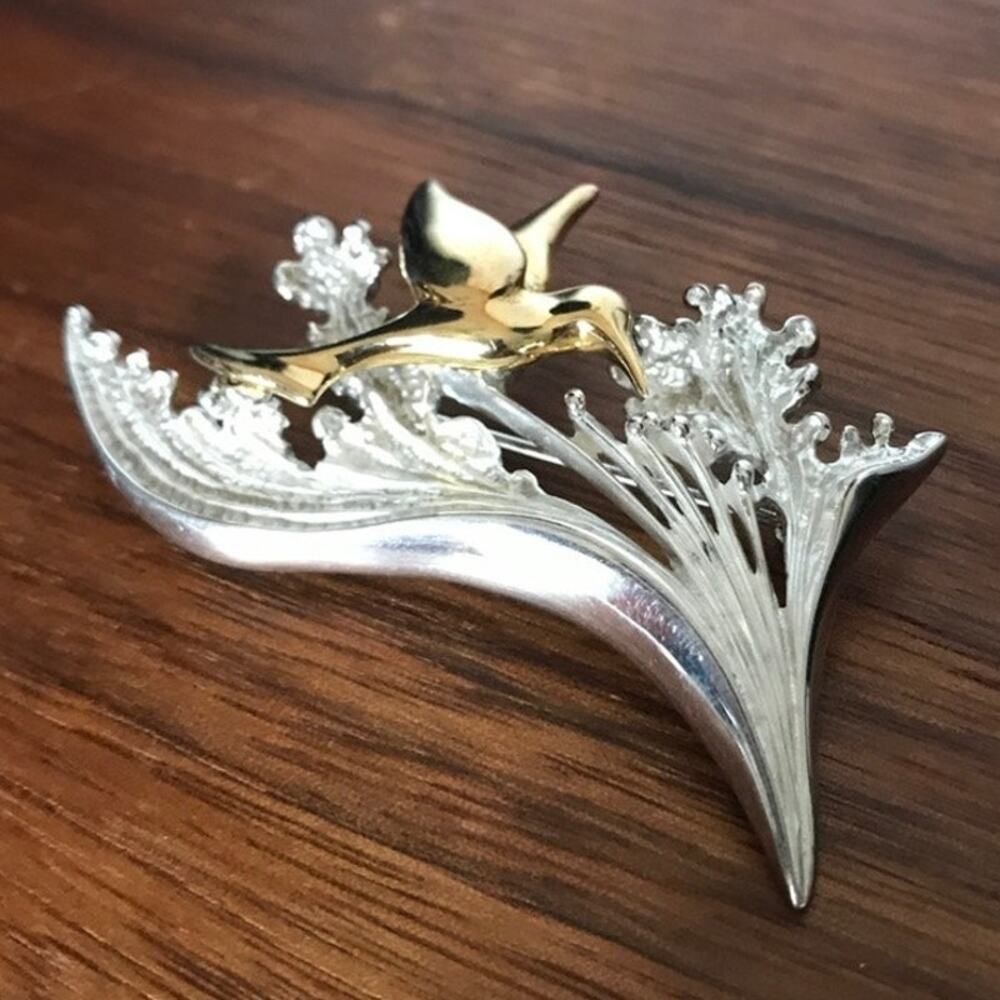 Brutalist Modernist Sterling/Gold Wash Hummingbird 925 FB brooch/pin 2"x2.5"